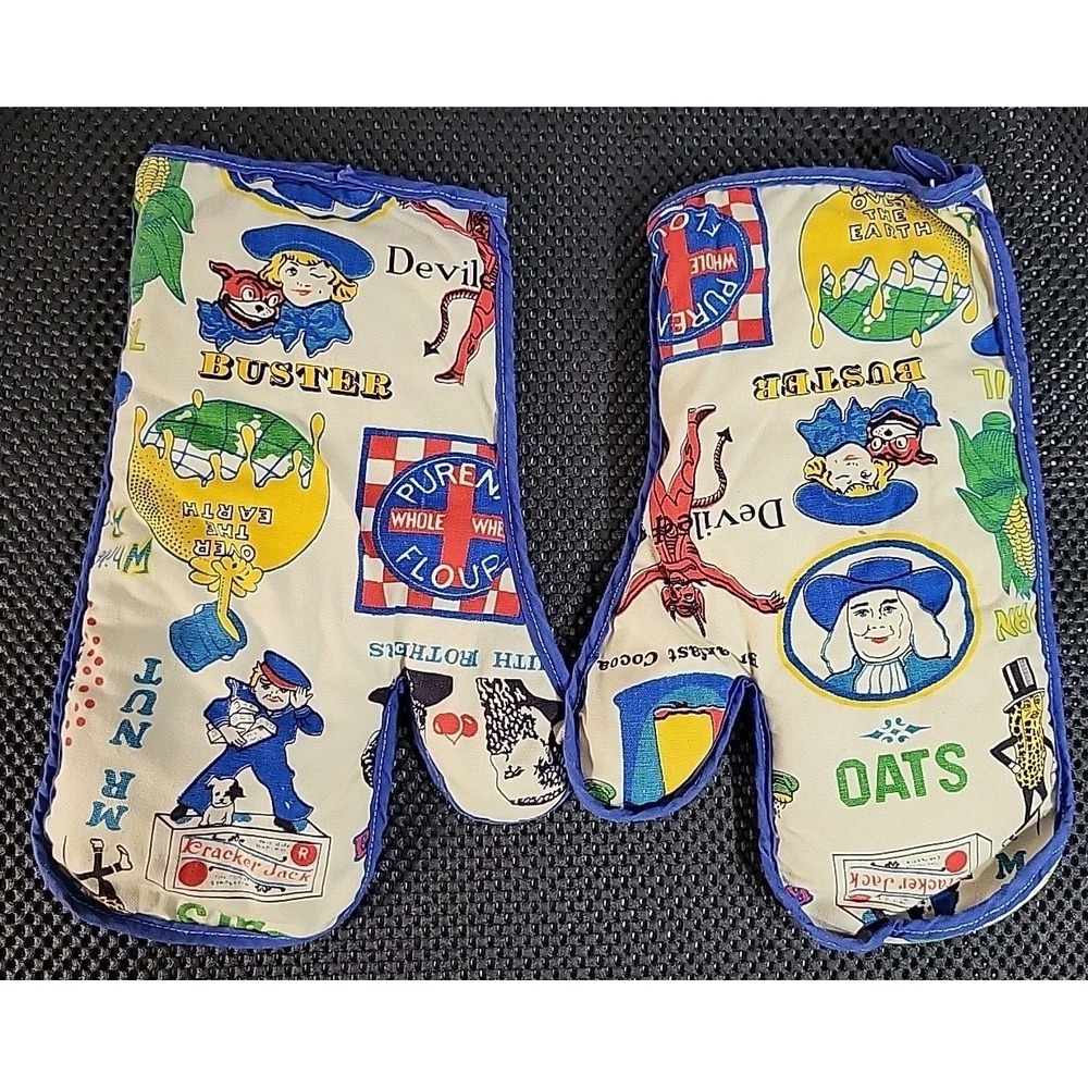 Vintage Oven Mitts Pot Holders Fabric Kracker Jack Oats Mr Nut Retro
